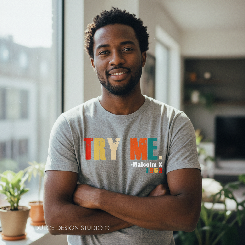 TRY ME Malcolm X 1963 heather gray shirt mockup