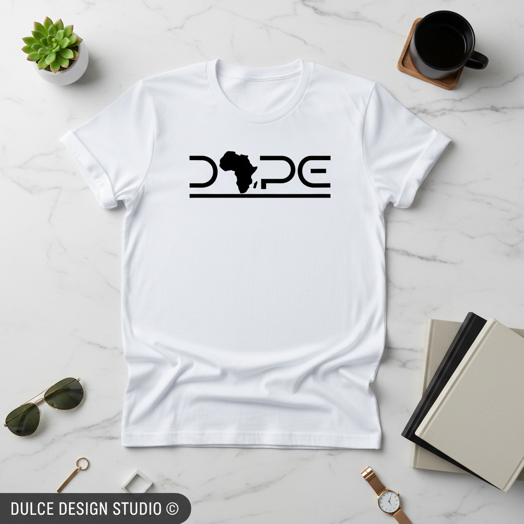 White t-shirt with 'Dope' and African map design on a marble surface with accessories.