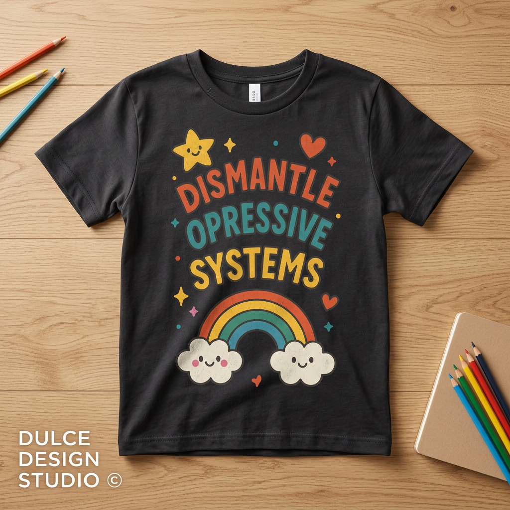 Vintage black BC3001Y youth T-shirt flat lay with your Dismantle Oppressive Systems design