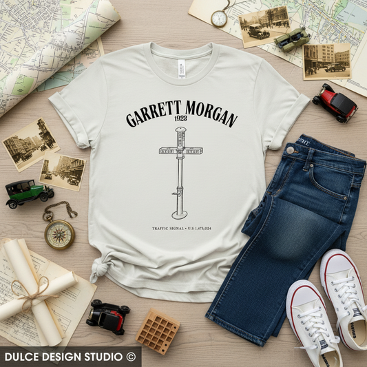 Vintage White Garrett Morgan Traffic Signal Tee Flat Lay - Cream Tone