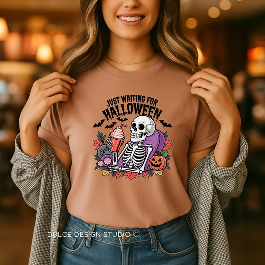 Just Waiting for Halloween – Funny Halloween Skeleton Shirt-  - Dulce Design Studio