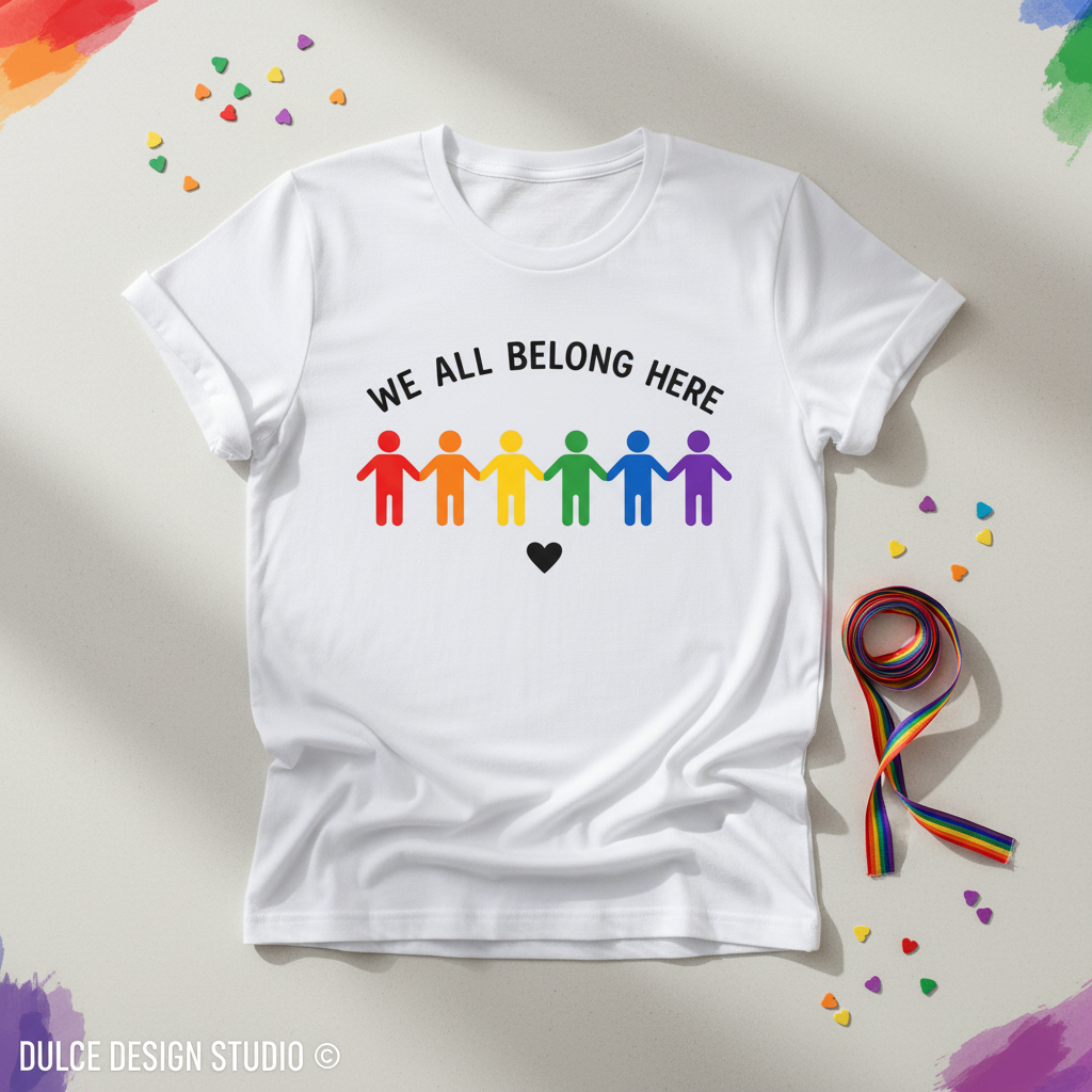 We All Belong Here - White Tee Flat Lay