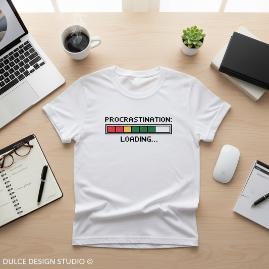 White Procrastination Tee Work From Home Flat Lay