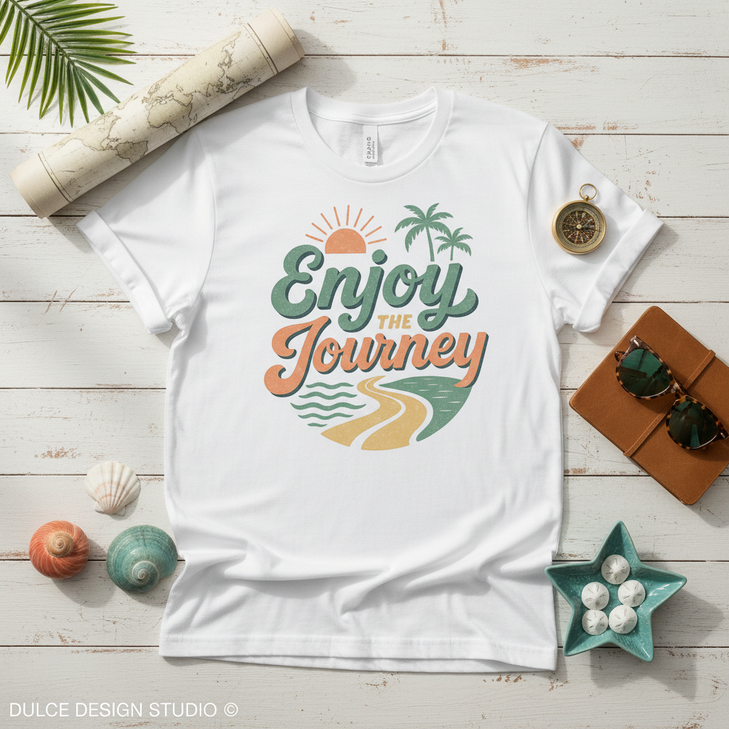White t-shirt with 'Enjoy the Journey' graphic on a wooden surface with travel-themed accessories.