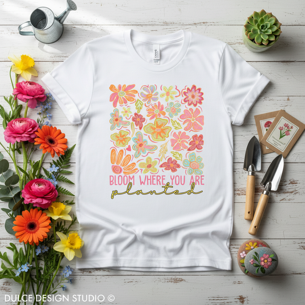White t-shirt with floral design and text on a wooden surface with gardening tools and flowers.