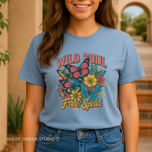 Wild Soul, Free Spirit – Retro Butterfly & Floral Tee - Dulce Design Studio