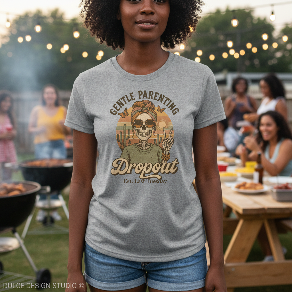 Woman wearing a t-shirt with a graphic design in an outdoor setting