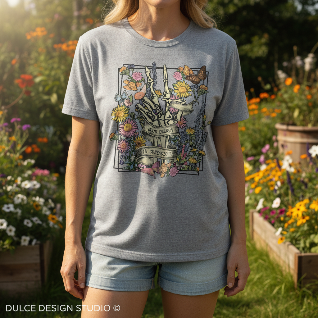 Person wearing a gray t-shirt with a colorful graphic design in a garden setting