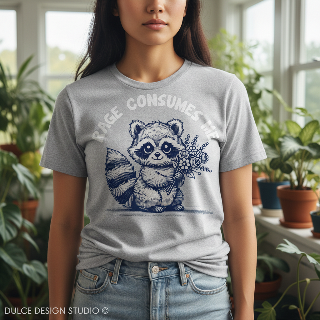 Person wearing a t-shirt with a raccoon graphic and text in a room with plants