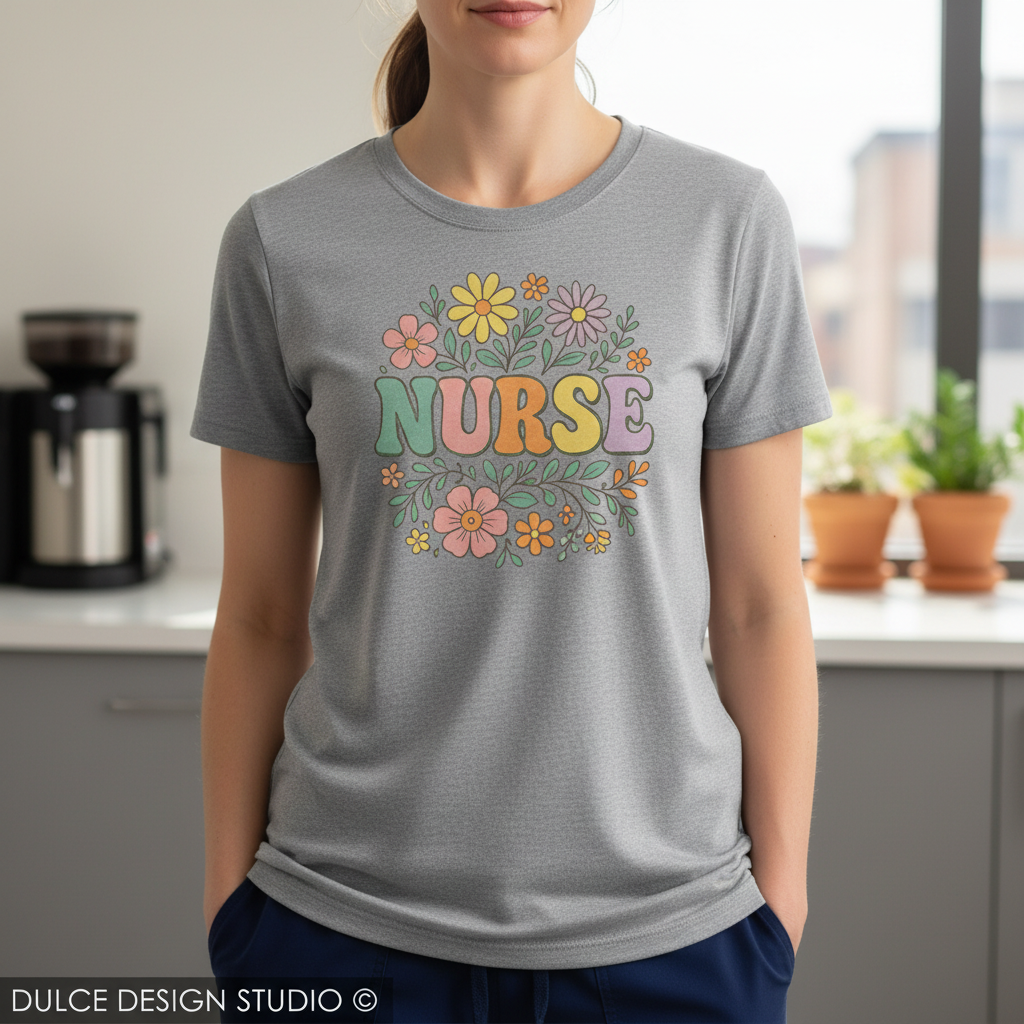 Person wearing a gray t-shirt with 'NURSE' and floral design in a kitchen setting