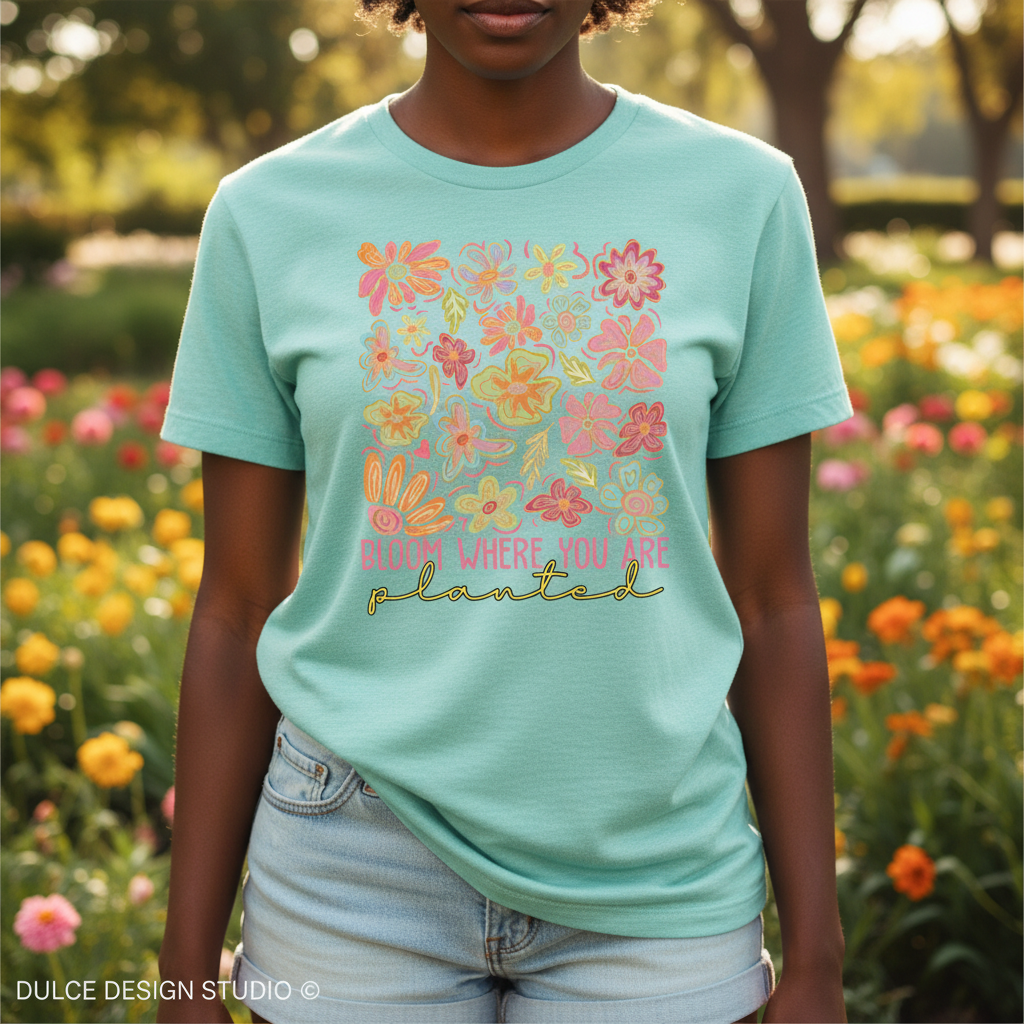 Person wearing a light blue t-shirt with floral designs and text, standing in a garden.