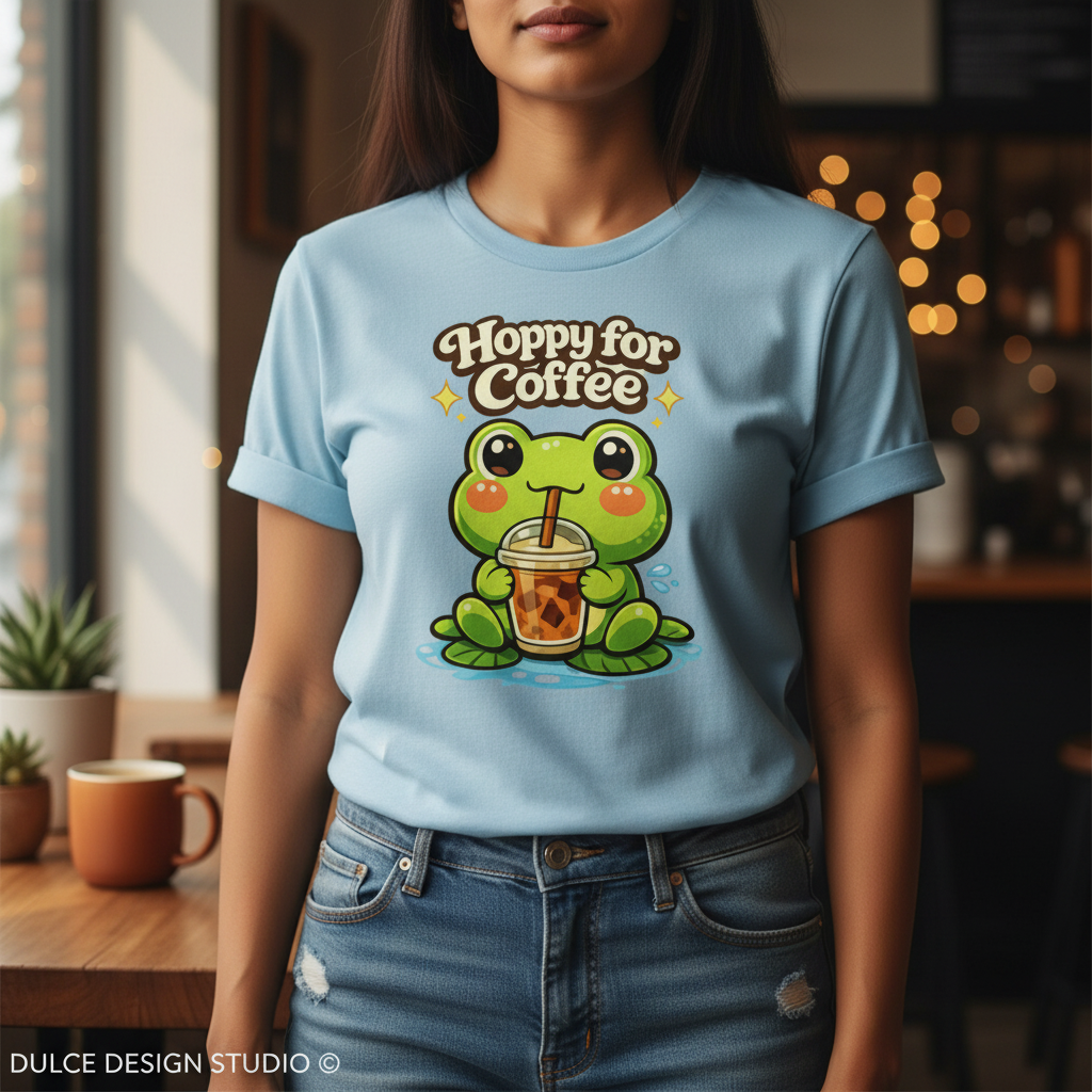 Person wearing a light blue t-shirt with a frog and coffee design, standing in a cozy indoor setting.