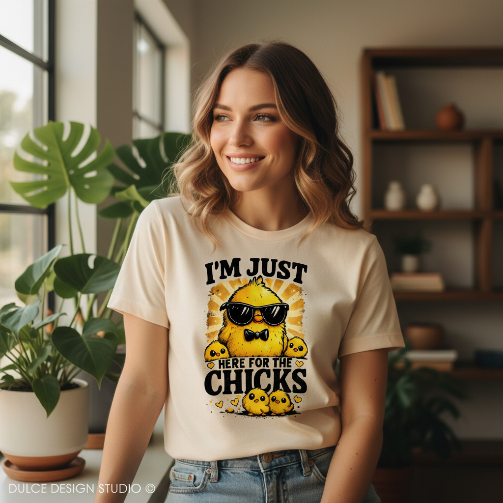 Woman wearing a t-shirt with a graphic design of a duck and text, standing in a room with plants and a bookshelf.