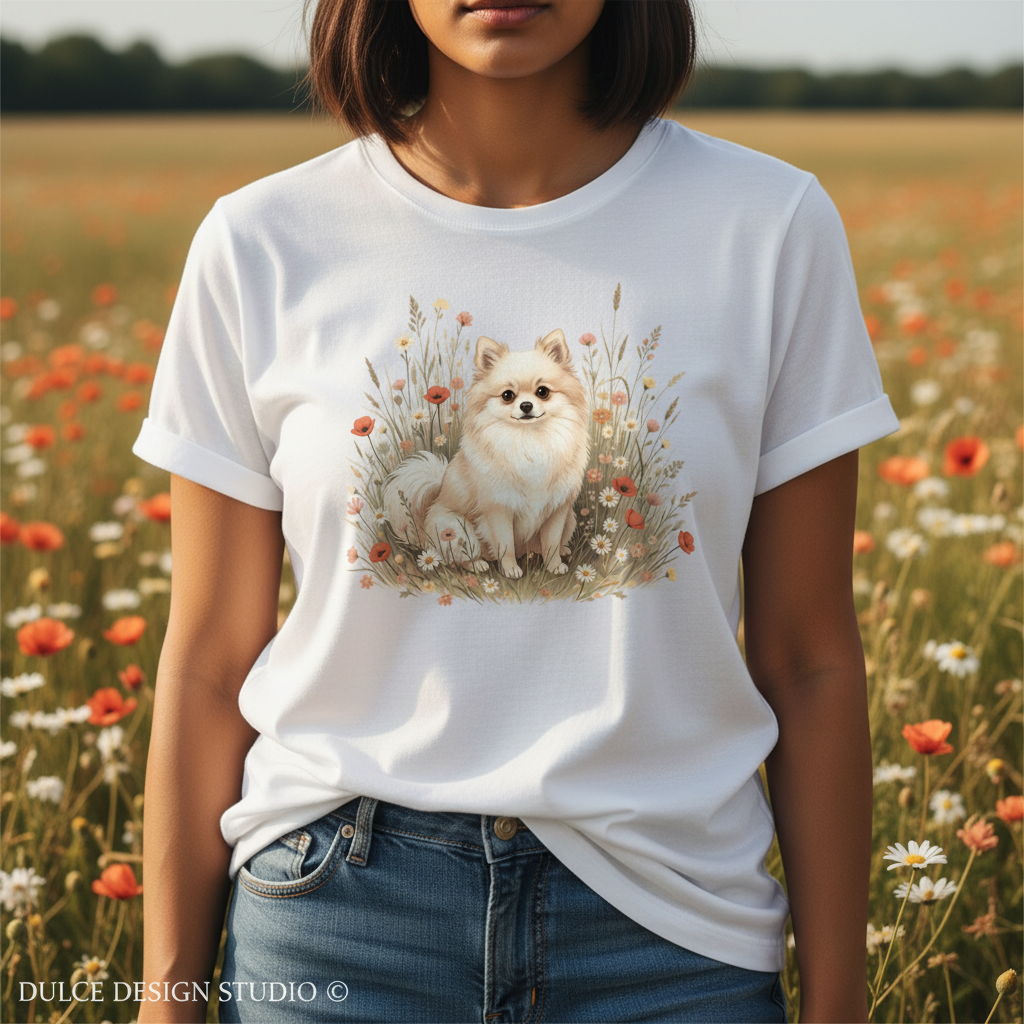 Person wearing a white t-shirt with a dog and floral design in a field of flowers.