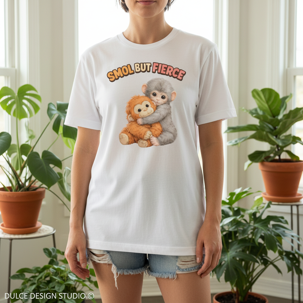 Person wearing a white t-shirt with cartoon monkeys and text 'SMOL BUT FIERCE' in a room with plants.