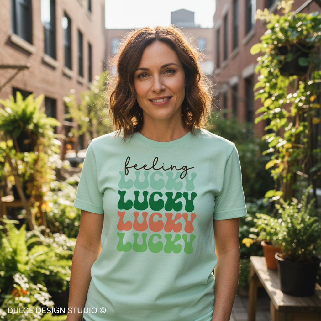 Woman Mid-30s wearing Light Green Feeling Lucky Tee
