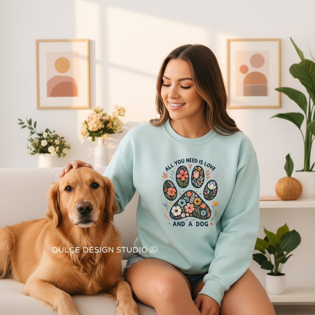 Woman wearing All You Need Is Love and a Dog sweatshirt in ice blue