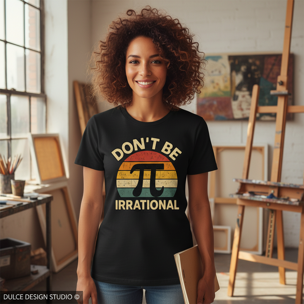 Woman wearing black t-shirt with Don't Be Irrational Pi design