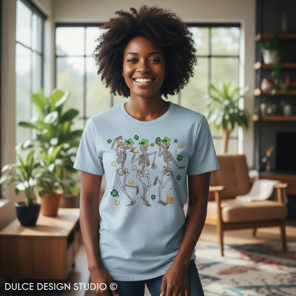 Woman wearing heather ice blue t-shirt with dancing skeletons design
