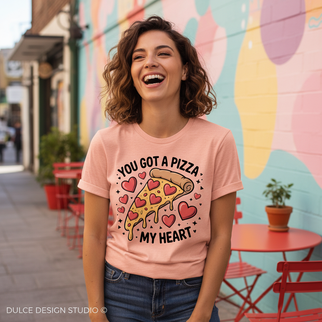Woman wearing Heather Peach Pizza My Heart Tee