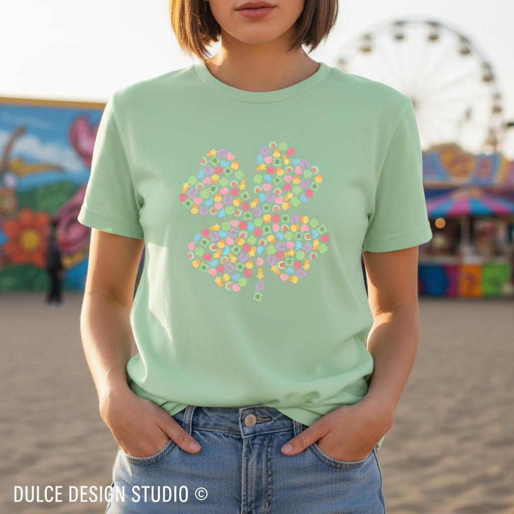 Woman wearing light green Bella Canvas tee with colorful heart design