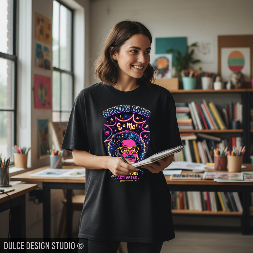 Woman wearing oversized black Comfort Colors t-shirt with Genius Club design