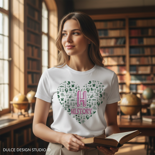 Woman wearing white t-shirt with History heart design