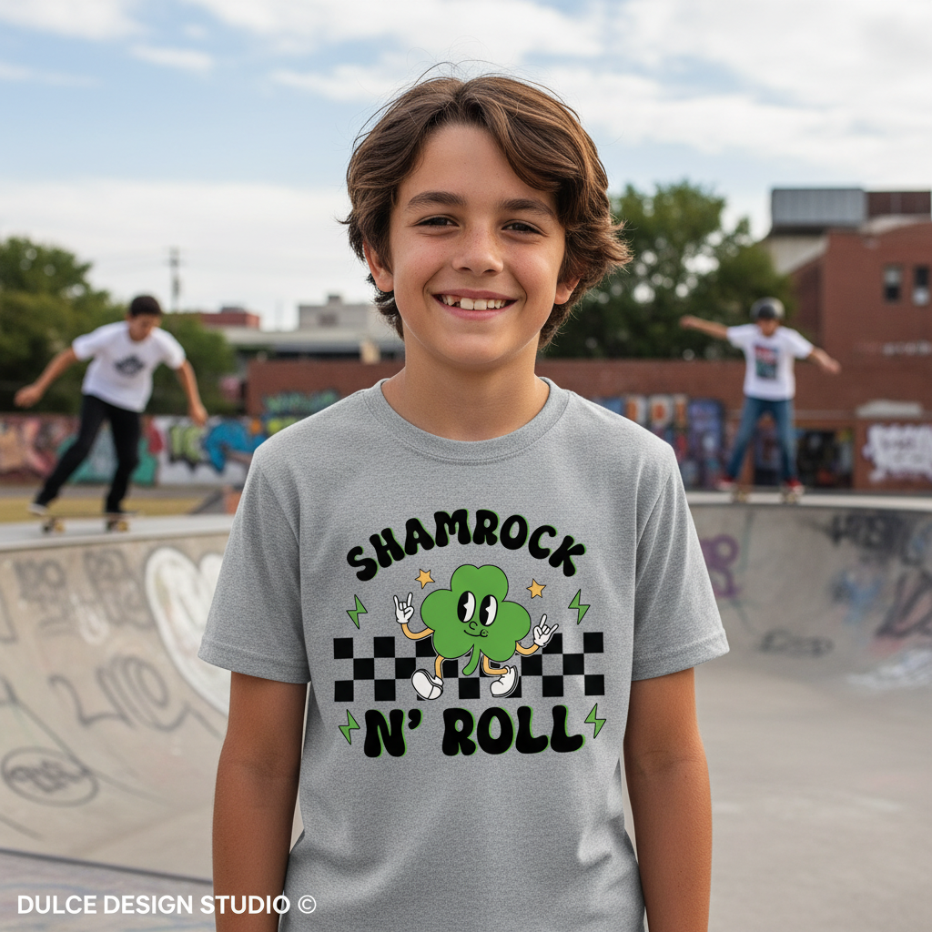 Young boy in athletic heather youth tee