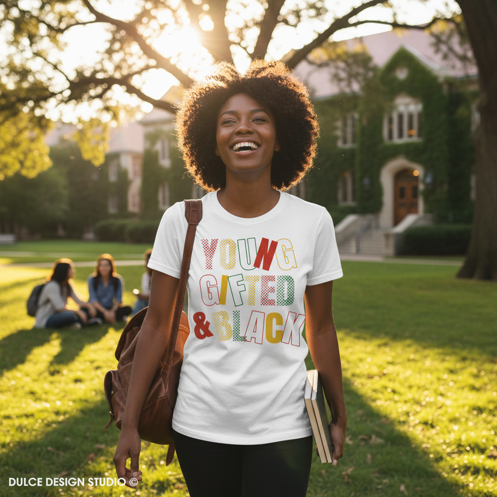Person wearing a 'Young Gifted & Black' t-shirt on a college campus