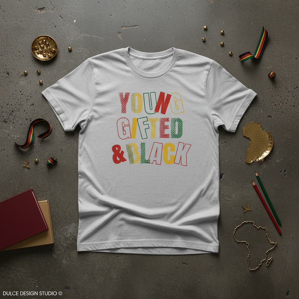 White t-shirt with 'YOUNG GIFTED & BLACK' text on a gray surface with decorative items.