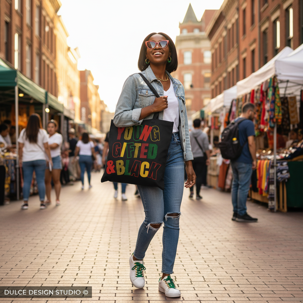 Woman walking on a street market holding a colorful tote bag with text.