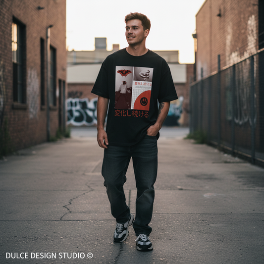 Man wearing a black t-shirt with a graphic design, standing in an alleyway.