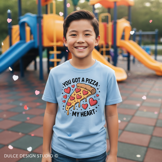 Youth Asian Boy wearing Light Blue Pizza My Heart Tee